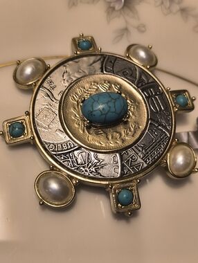 NWT Chico's GOLD TONE Silver Tone FAUX PEARL TURQUOISE WORLD COIN HELM BROOCH